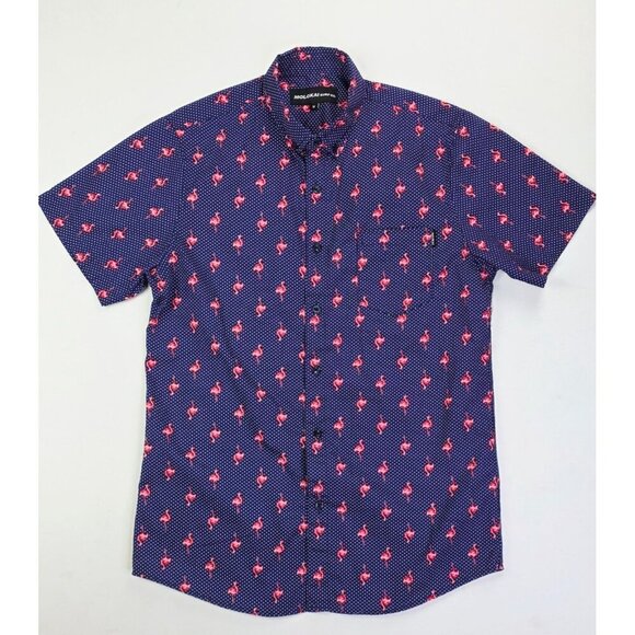 Molokai Medium Men Navy White Polka Dots Flamingo Short Sleeve Button Down Shirt - Picture 5 of 11